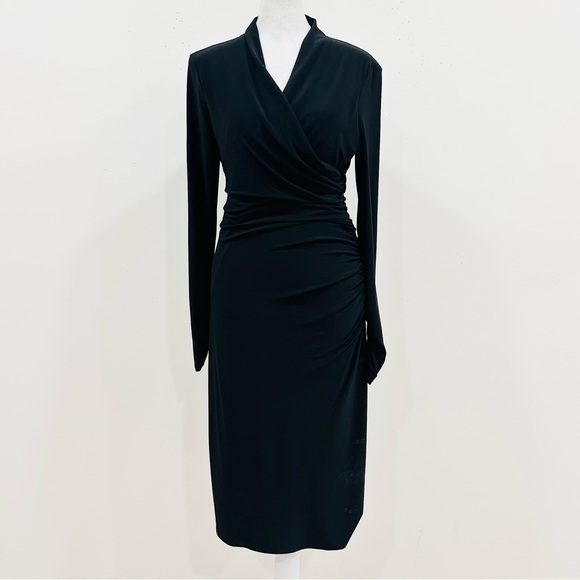 Lauren Ralph Lauren Black Matte Jersey Long Sleeve Faux Wrap Dress - Size 6 - Picture 3 of 12